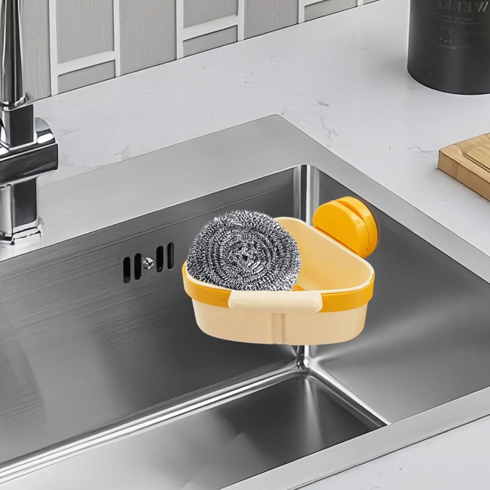 Yellow Triangular Suction Cup Sink Drainer Basket - Corner Organizer