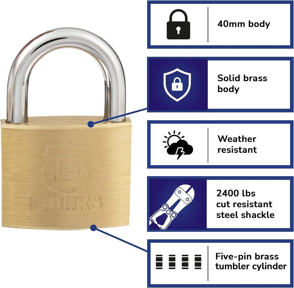 Brinks Solid Brass 40mm Keyed Padlock with 7/8in Shackle, 2 pack