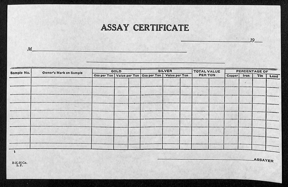Generic Assay Certificate c1930's Unused Gold Silver