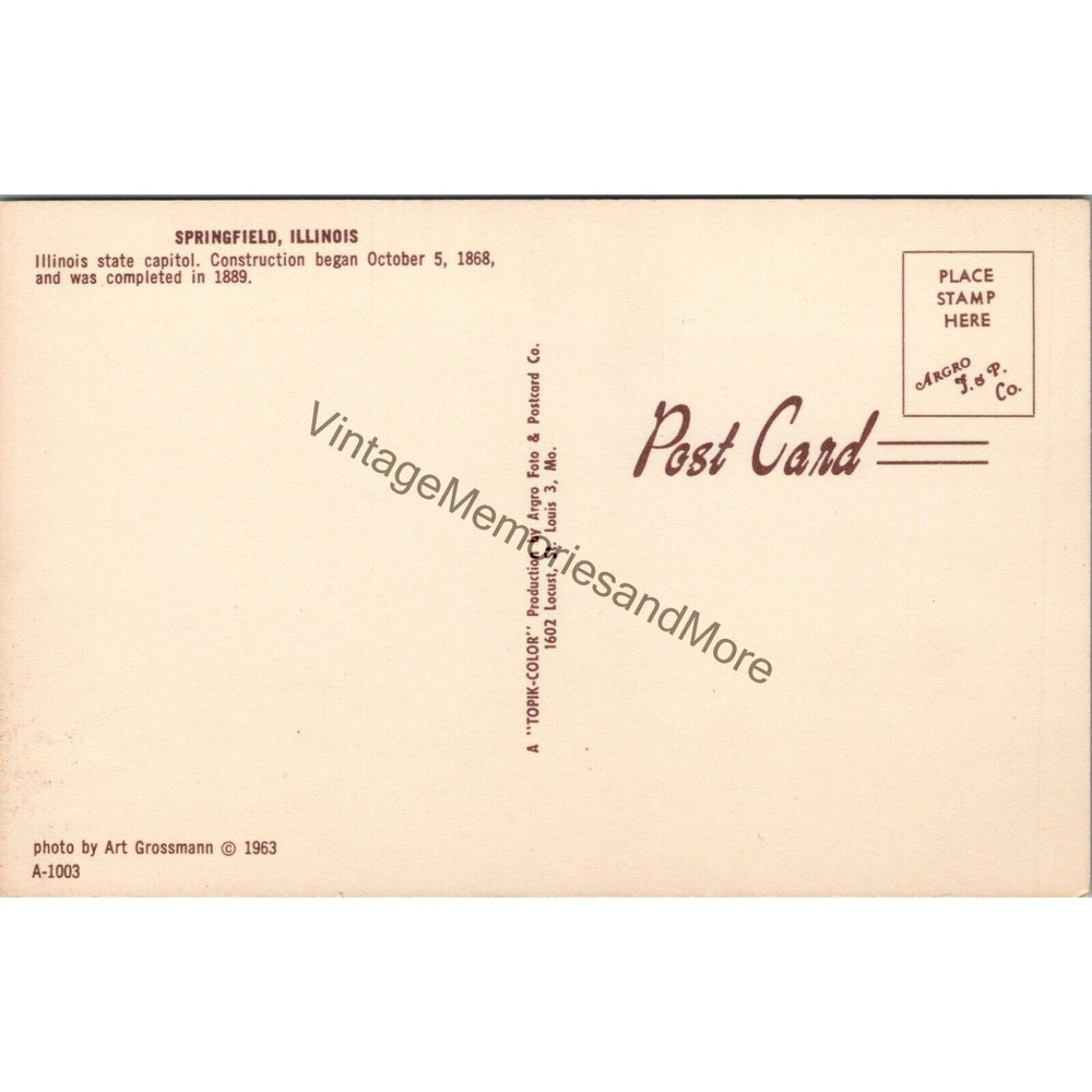 Illinois State Capitol Springfield IL Postcard PC353