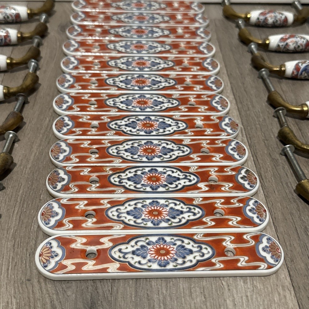 12 - Antique Belwith 1985 Painted Ceramic Drawer Pulls and Back Plates