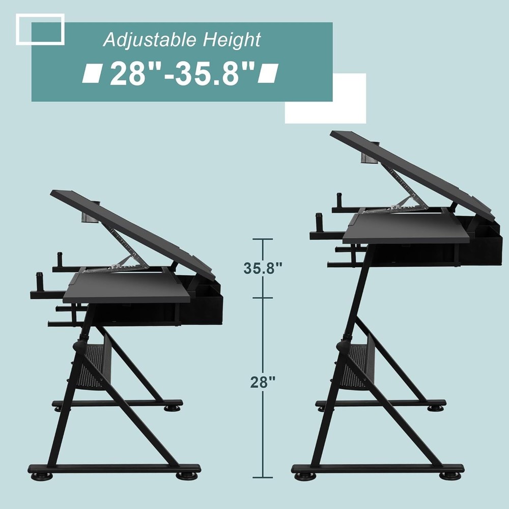 Adjustable Drafting Table with Stool Tilting Drawing Desk Artist Table w/Drawers