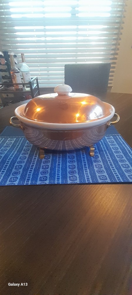TWO QUART COPPER AND CERAMIC OVAL CHAFING DISH WITH LID