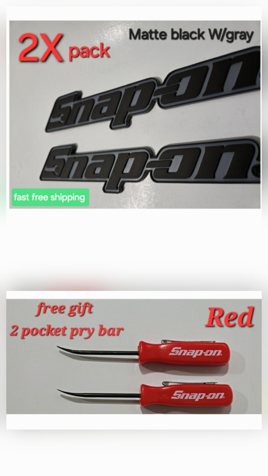 2PK SNAP ON TOOLS LOGO EMBLEM Matte Black Badge Decal + 2 Pocket Pry Bars RED !!