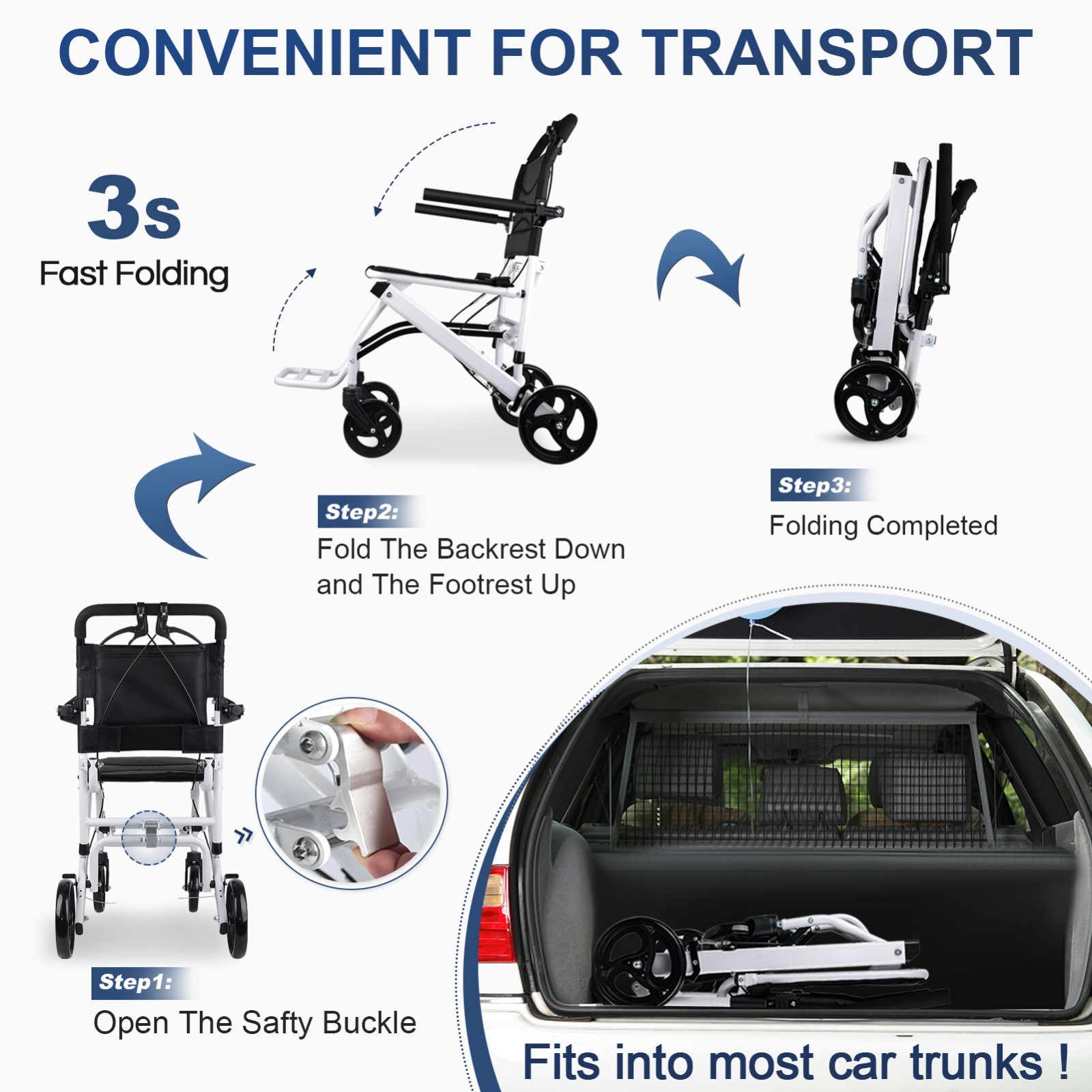Only 16 lbs Ultra-Lightweight Foldable Transport Wheelchair, Dual handbrakes