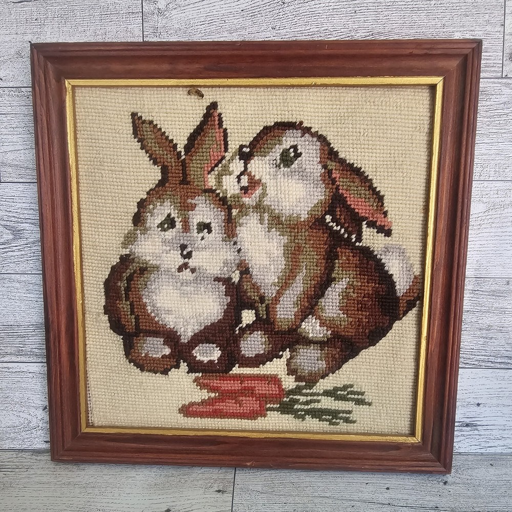 Cross Stitch Bunny Rabbits Framed VINTAGE