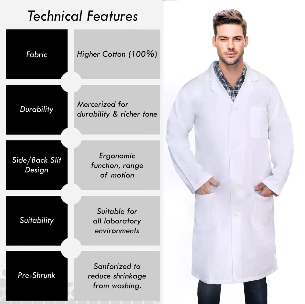 DR Uniforms Unisex Lab Coat White (100% Cotton)
