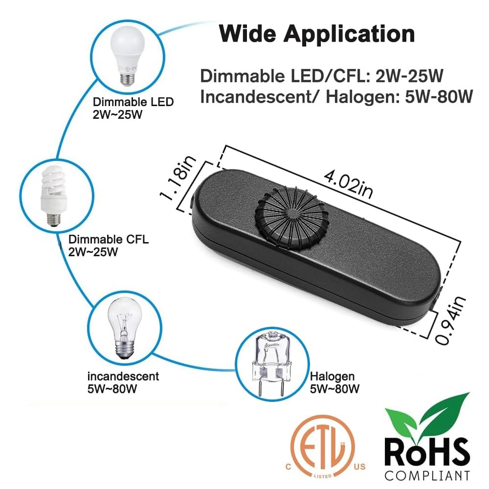 Inline Lamp Switch 2-Pack, Full Range Rotary Dimmer Switch, Cord Switch Replacem