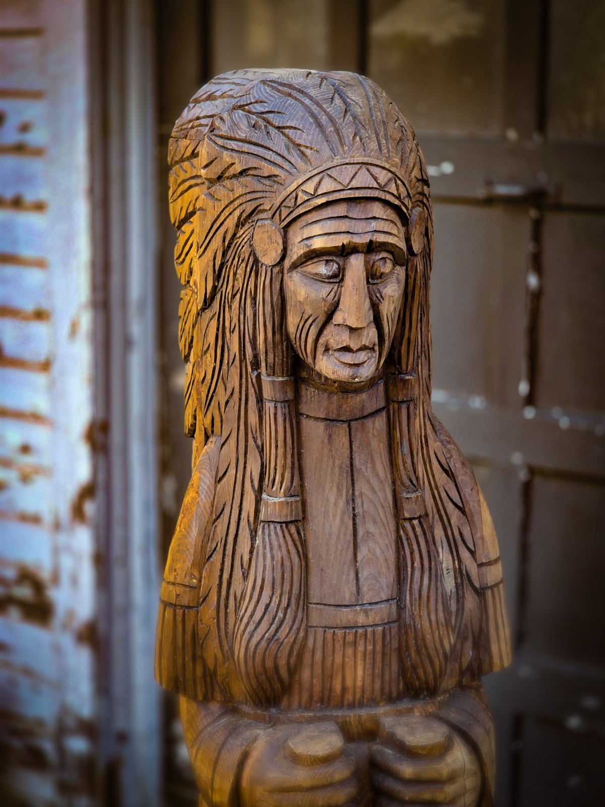 One of a kind 6' / 72lbs. CIGAR STORE INDIAN hand carved from oak