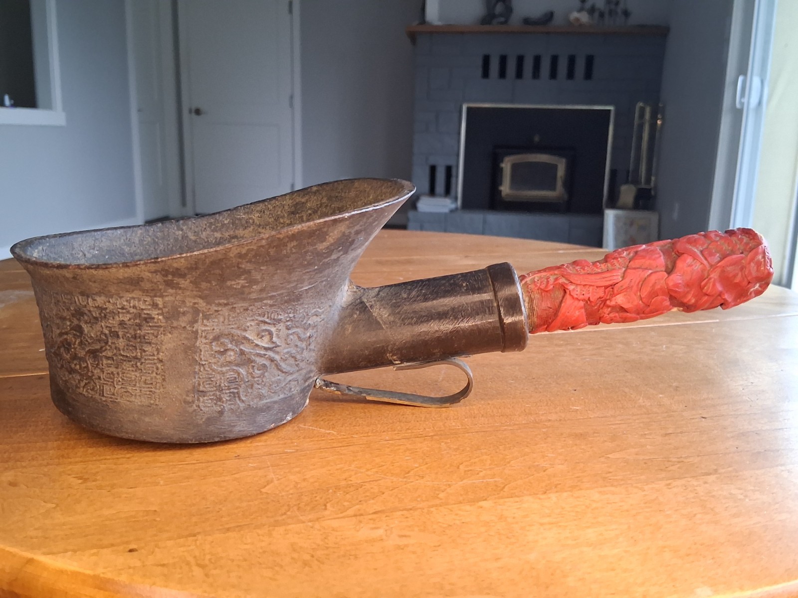 Antique 12" Big Chinese Bronze Silk Iron w/ Carved Cinnabar Handle, Hole Shown