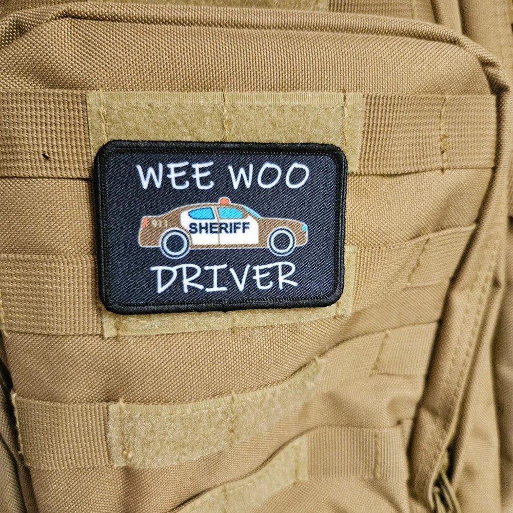 Wee woo driver sheriff brown car funny 2"x3" removable patch hook and loop back