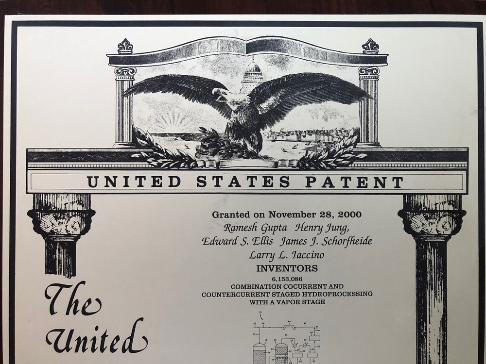 US Patent on Plaque Granted in 2000 for Hydroprocessing Process