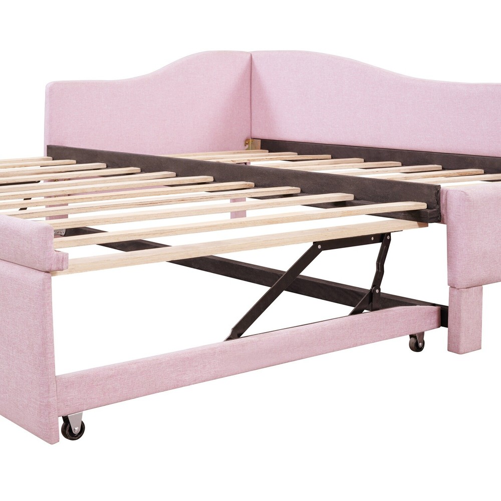 Twin Size Daybed Linen Upholstered Bed Frame Sofa Bed w/ Pull Out Trundle Bed