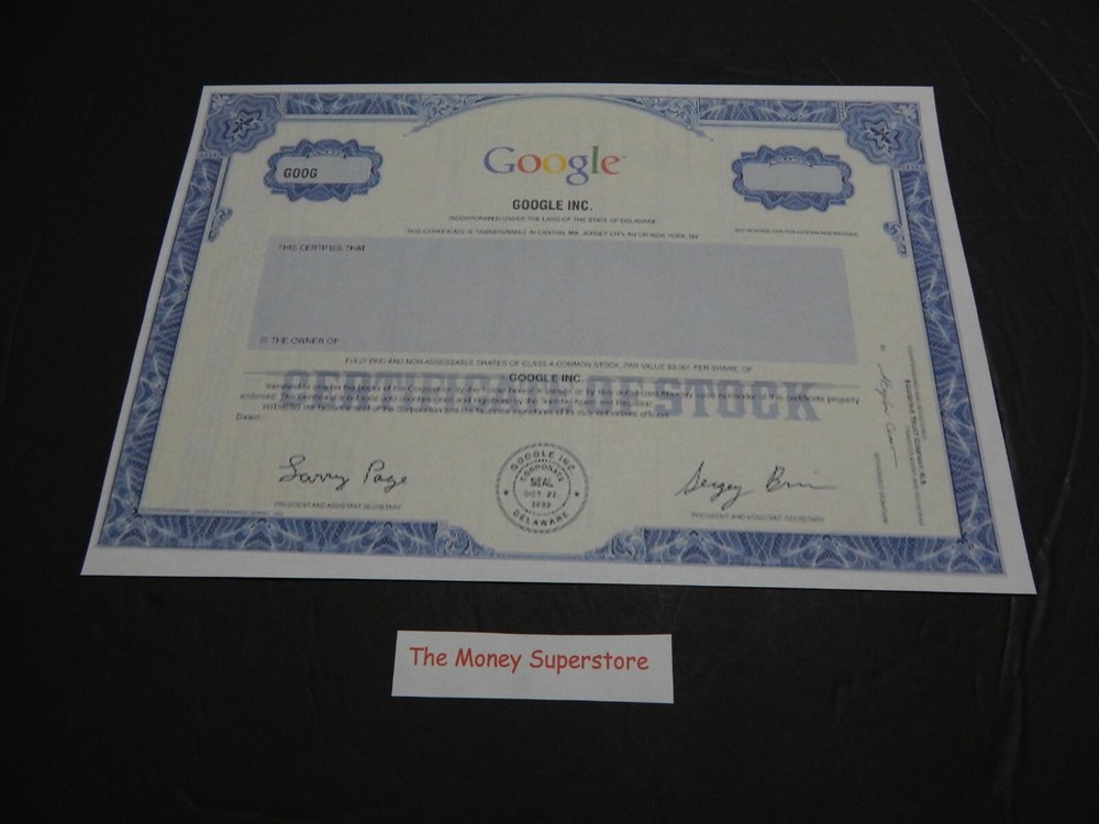 GOOGLE stock certificate COPY of original document item #18.