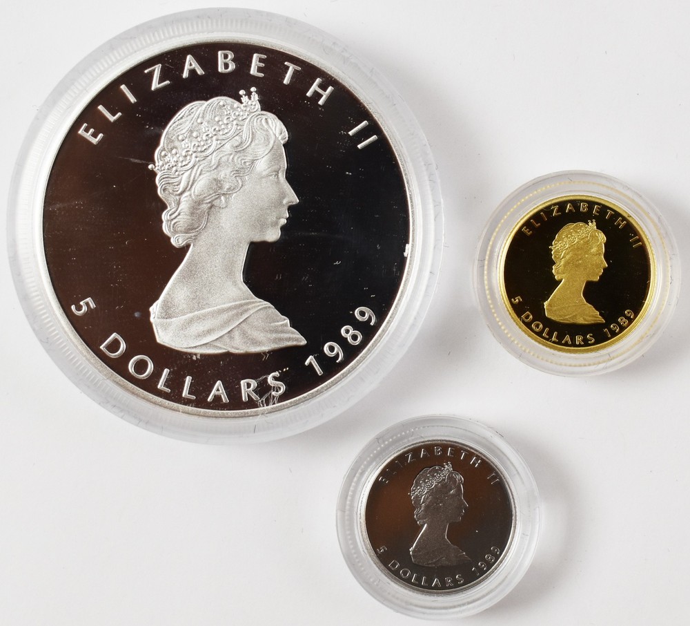 1989 Canada Maple Leaf 3-Coin Proof Set - Gold Platinum Silver PH203