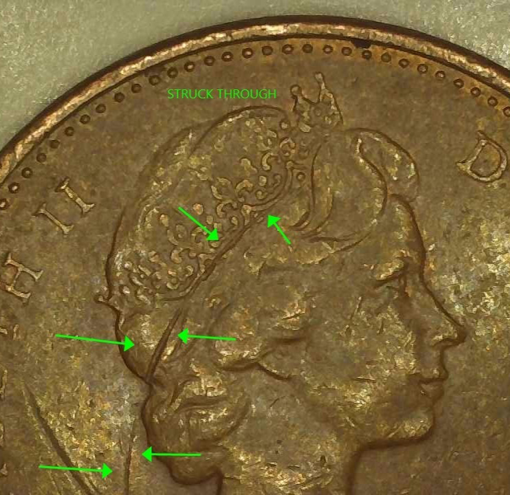 1976 canada 1 cent, Struck Through/DD/Soft DD/Misalign/Die Chips/Beads/Rim/Maple