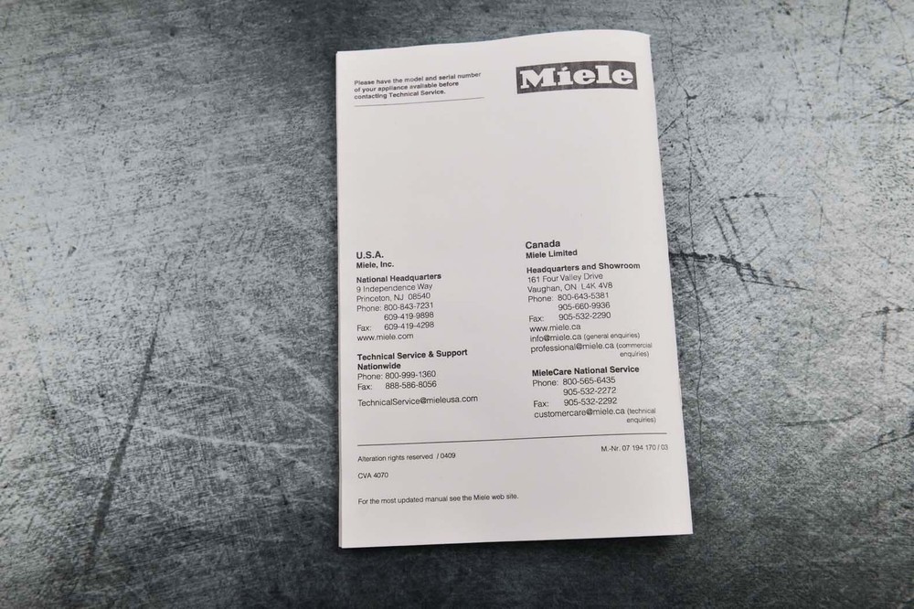 New Miele CVA4070 Coffee System Operating and Installation Instructions Guide