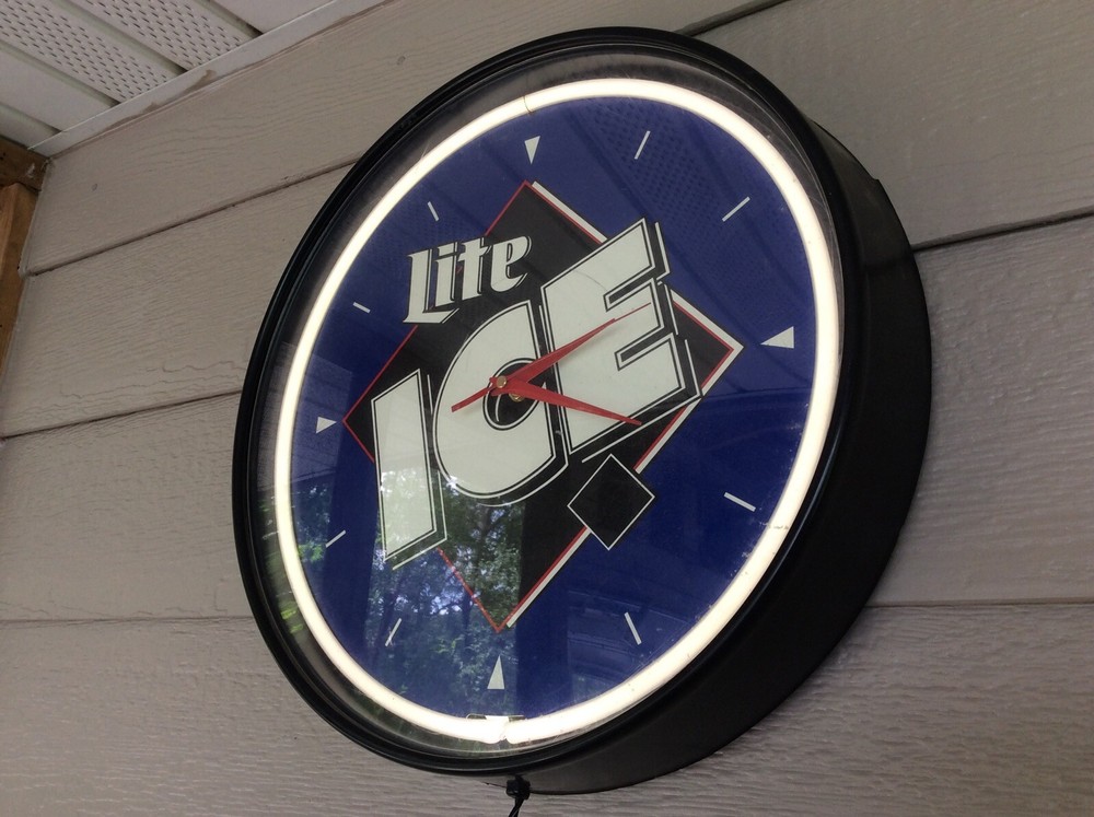 Miller Lite Ice Beer Clock 17 In. Diameter White Neon Lite