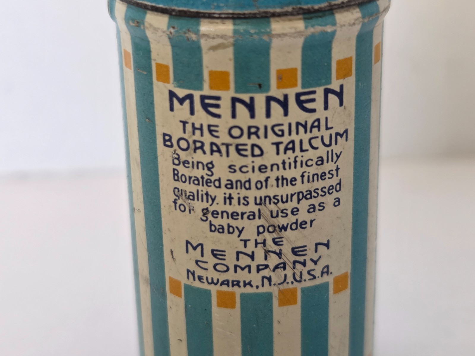 Vintage Mennen Borated Talcum Tin Baby Powder USA Sample Size Advertising Empty