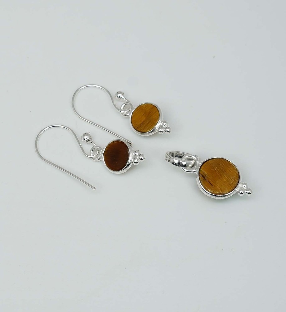 925 Solid Sterling Silver Tiger Eye Hook Earring Pendant Set
