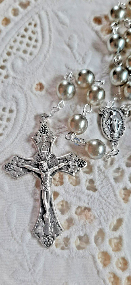 SILVER SMOKE CZECH GLASS PEARL ROSARY IN SILVER