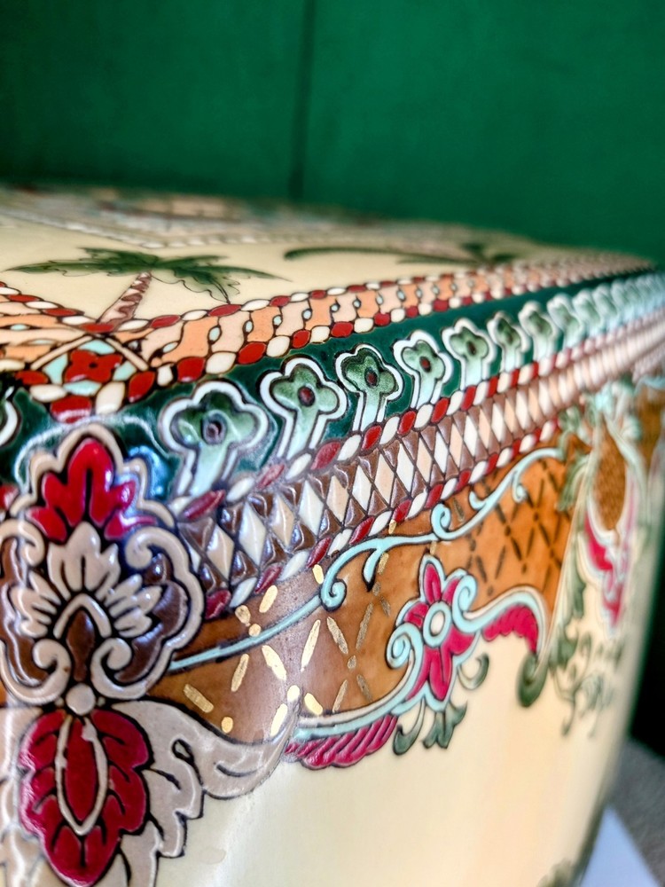 Vtg Ceramic Elephant, Palm Trees, Drum Stool, Impressed/Embossed Pattern. 17"H.