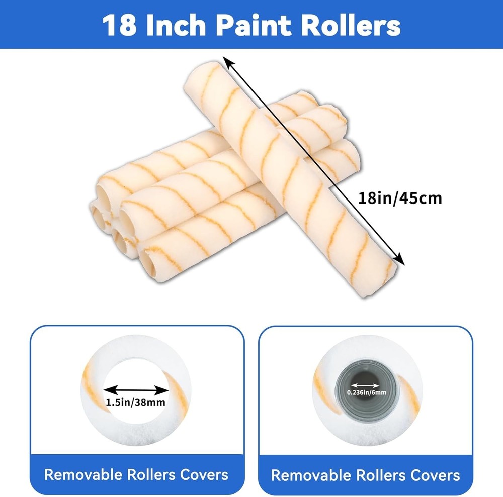 12 pcs 18 inch paint roller kit, adjustable frame, tray, extension pole for wall