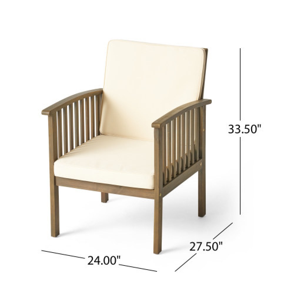 Acacia Wood Outdoor Club Chair Set w/ Side Table, Cream & Gray Cushions