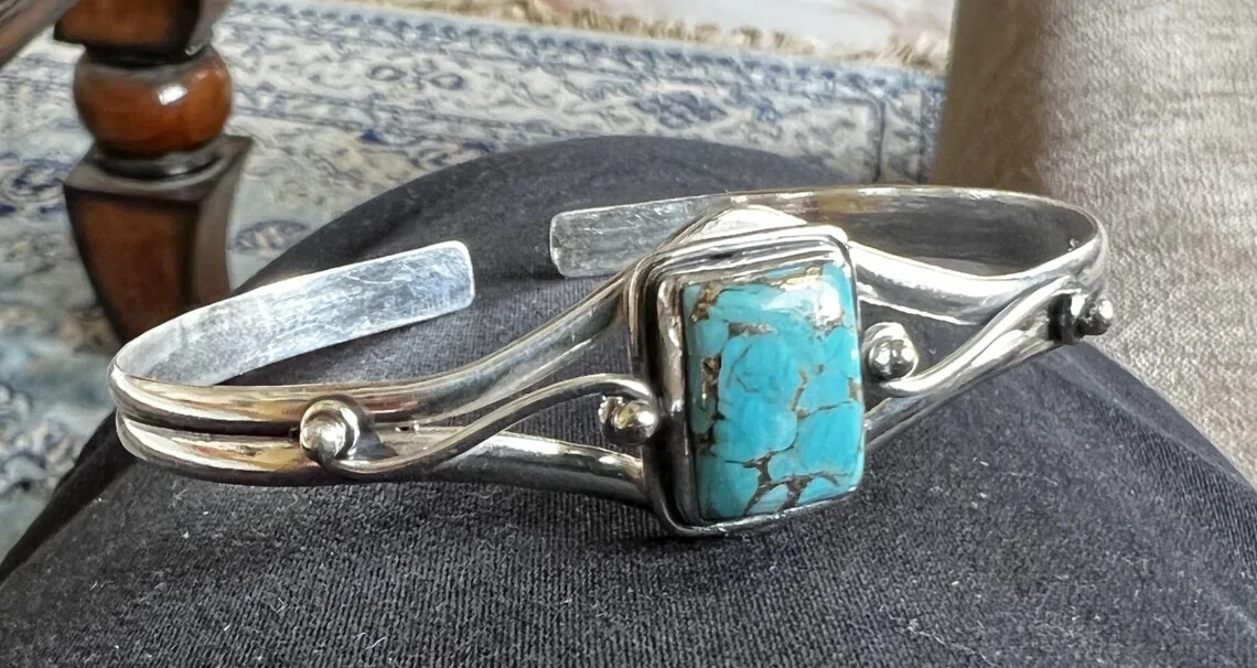 Nice Blue Copper Turquoise Gemstone 925 Sterling Silver Handmade Bracelet Cuff