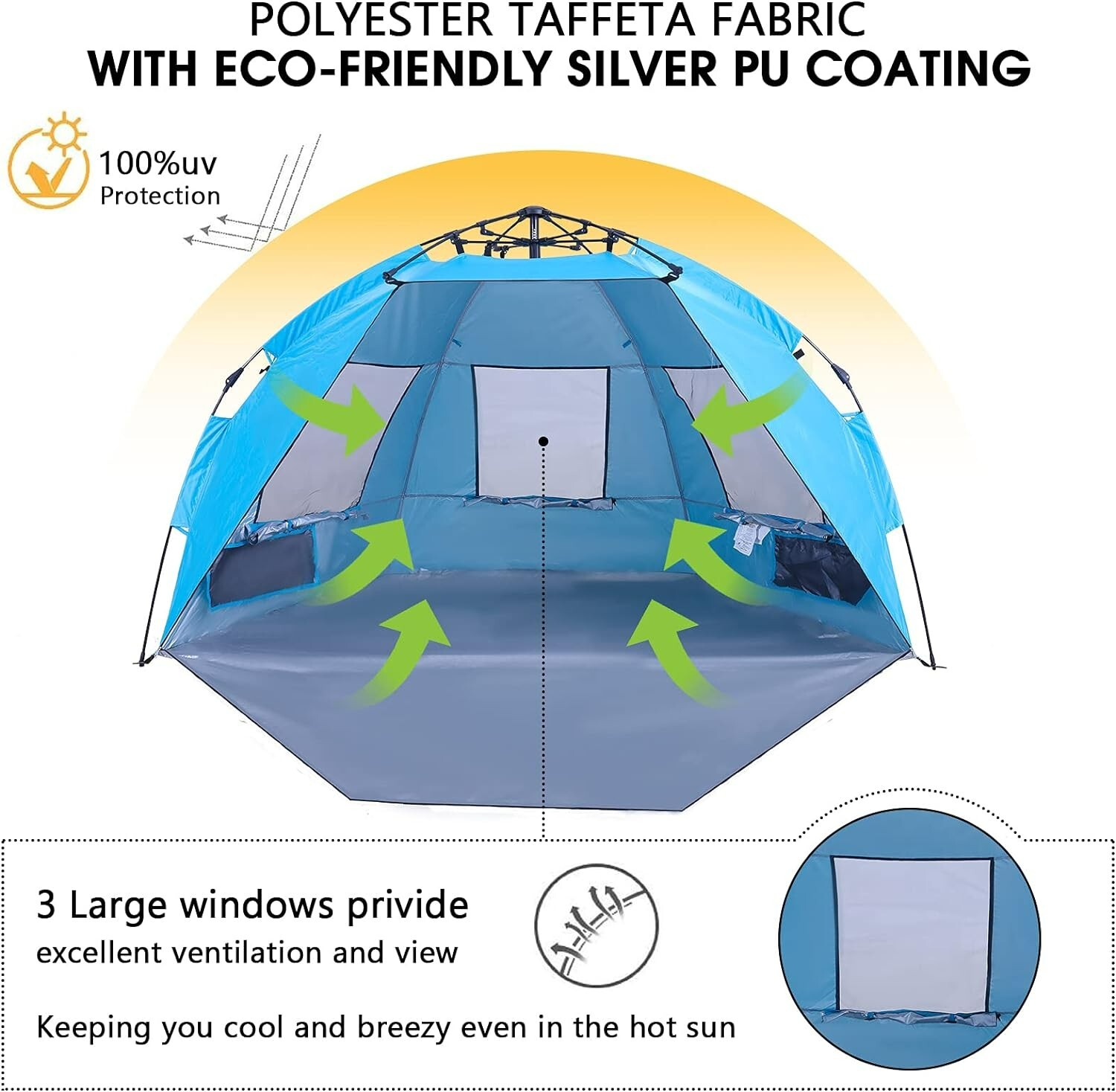 Pop Up Beach Tent Easy Set Up Beach Umbrella Sun Shelter for 2-3 People UPF 50+
