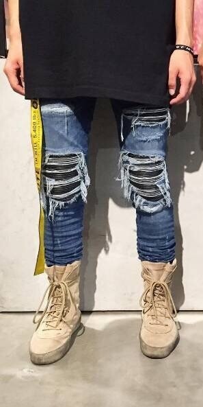 Men's Elastic Jeans Ripped Mesh Skinny Denim Casual Slim Fit Stretchable Pants