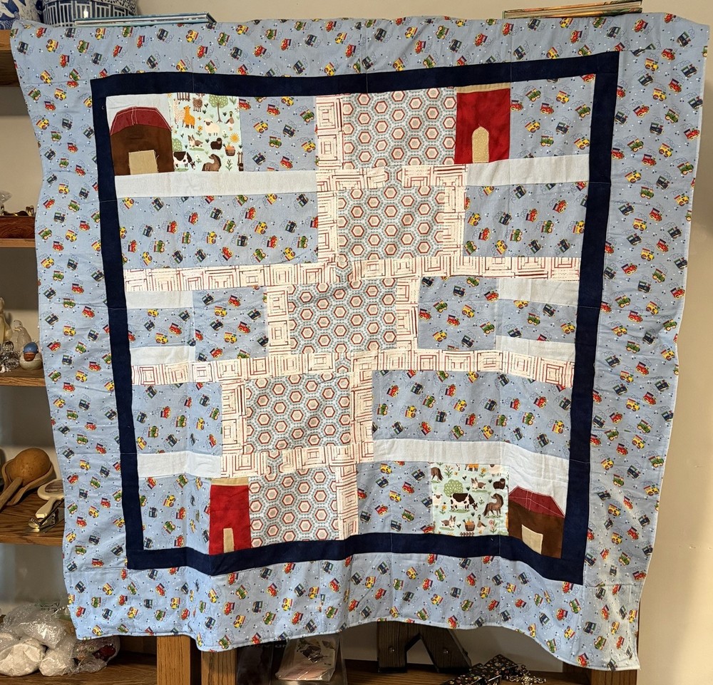 Patchwork Quilt Throw Blanket Handmade Signed Reversible Farmstead 53”x52”
