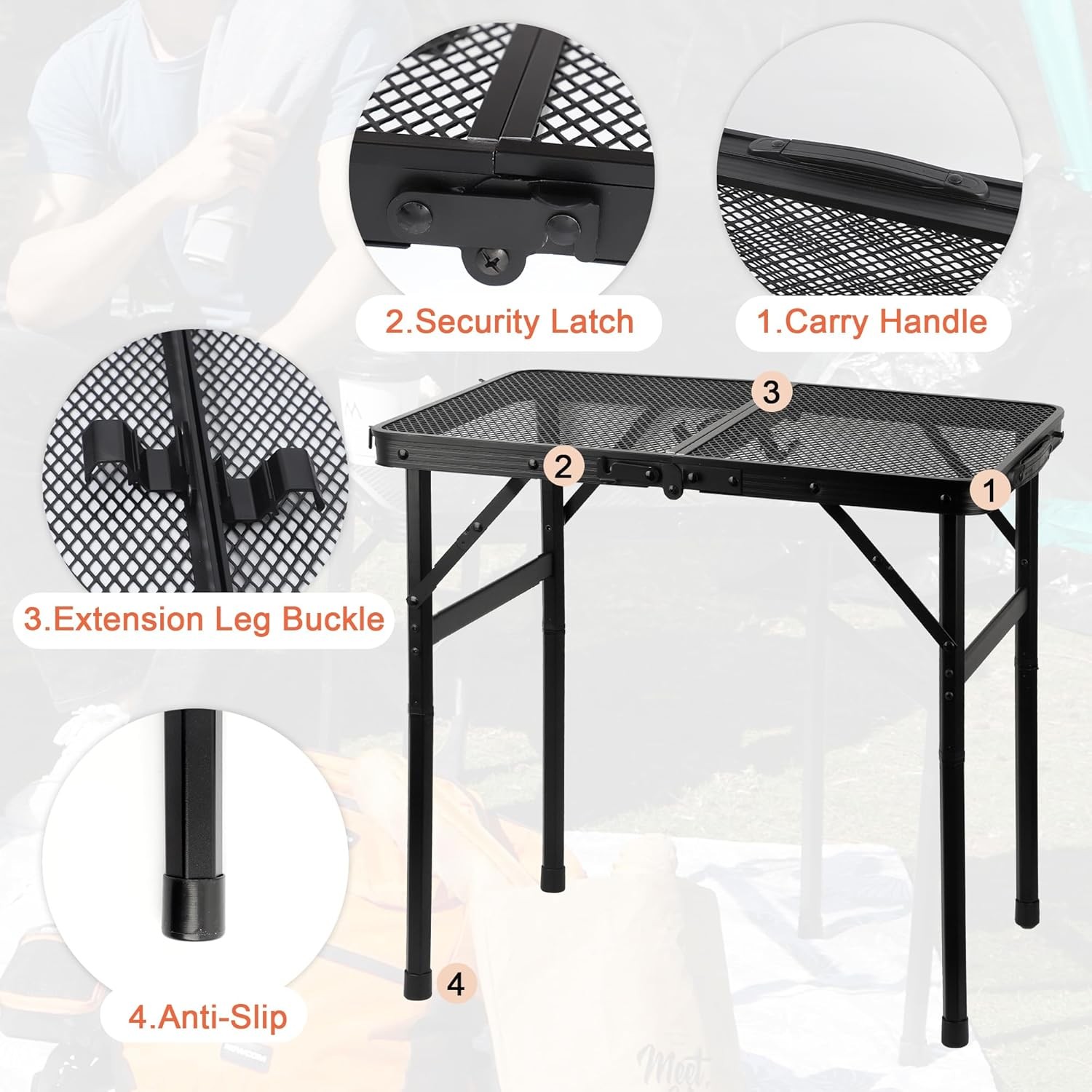 3FT 2-Fold Camping Table with Mesh Desktop Adjustable Height BBQ Grill Table