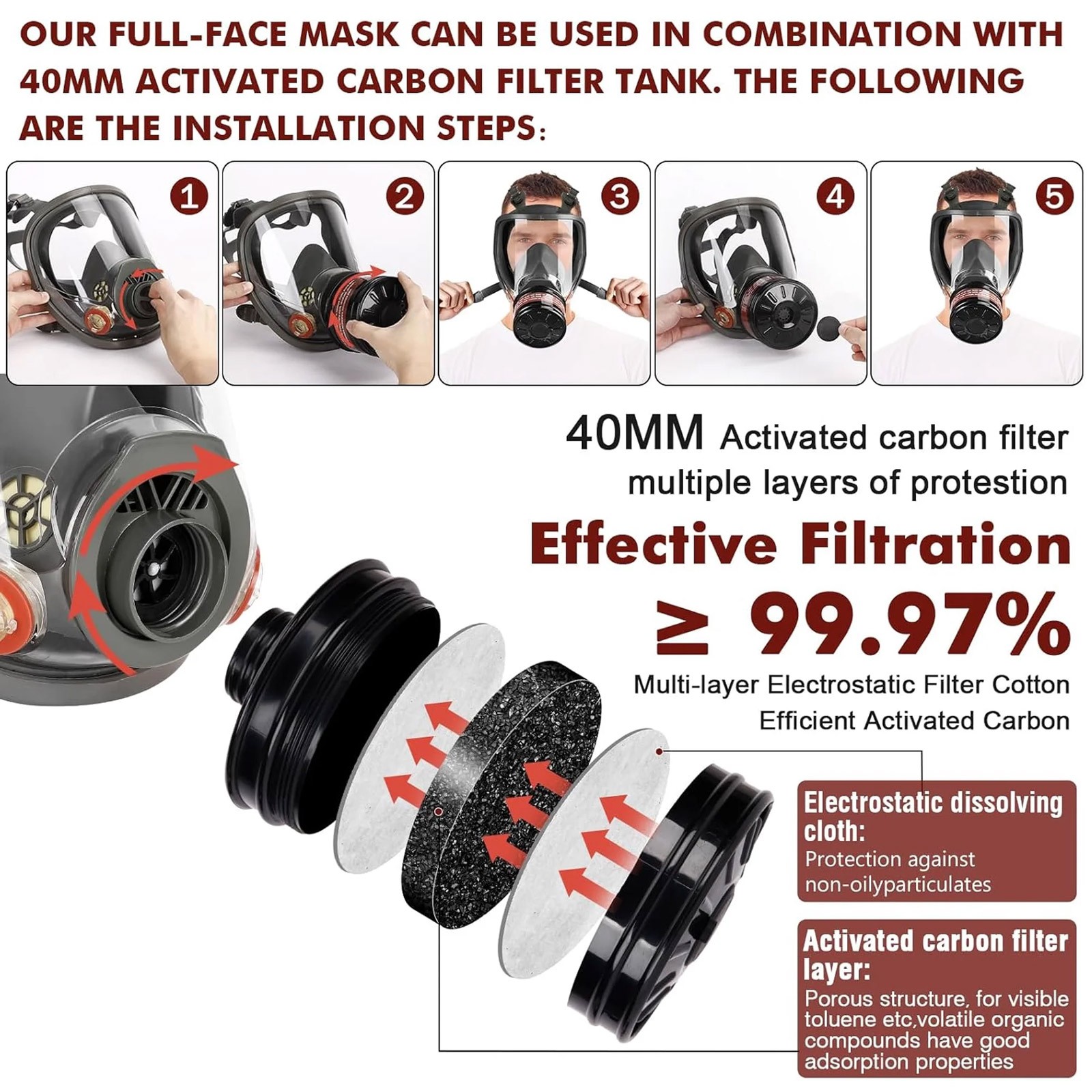 Reusable Full Face Respirator Gas Mask with 40mm Activated Carbon Filter 6800