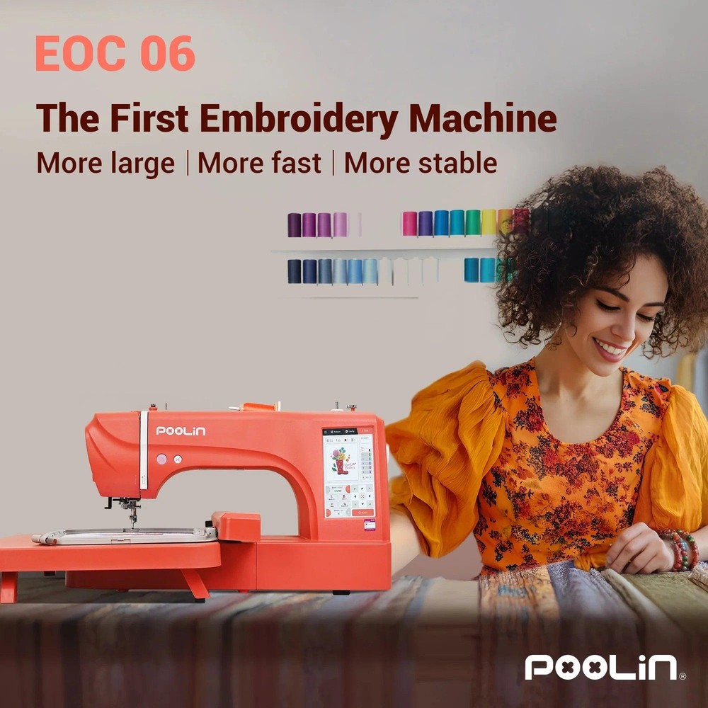POOLIN EOC06 7.9in x 11in Embroidery Machine & 166 Thread Spool Bundle - Red