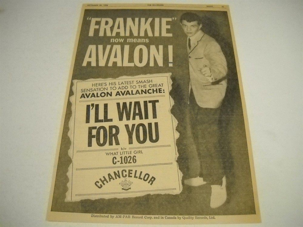 FRANKIE Now Means FRANKIE AVALON with I'LL WAIT FOR YOU 1958 Promo Poster Ad