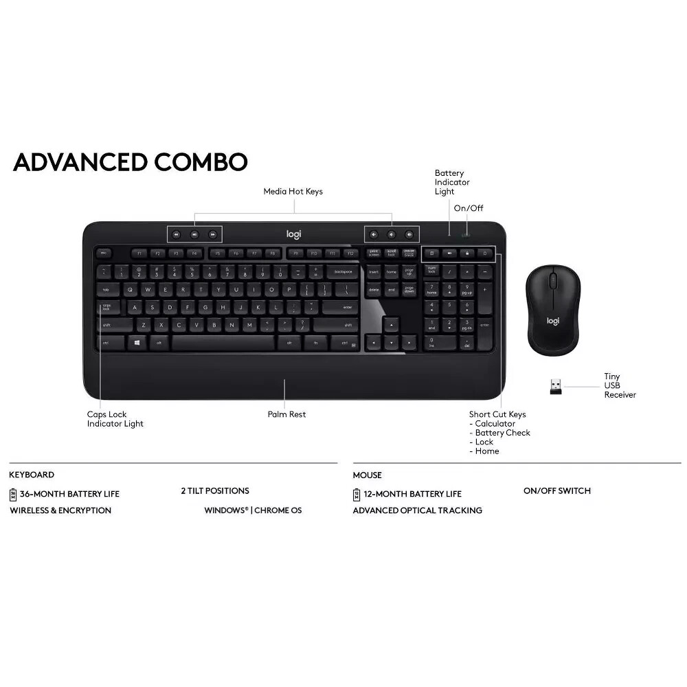 Logitech Advanced COMBO Keyboard and Mouse Combo Desktop – Black (920-008701)