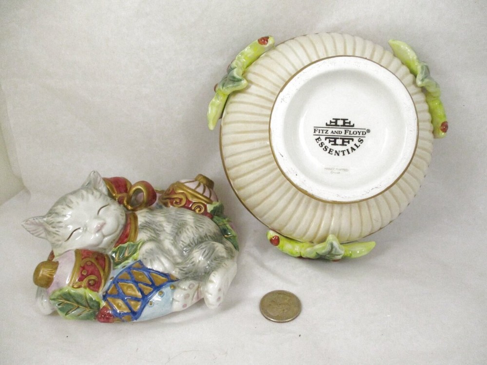 Fitz &; Floyd Essentials Christmas Kitty Cat Sleeping Fitted Lidded Candy Dish F