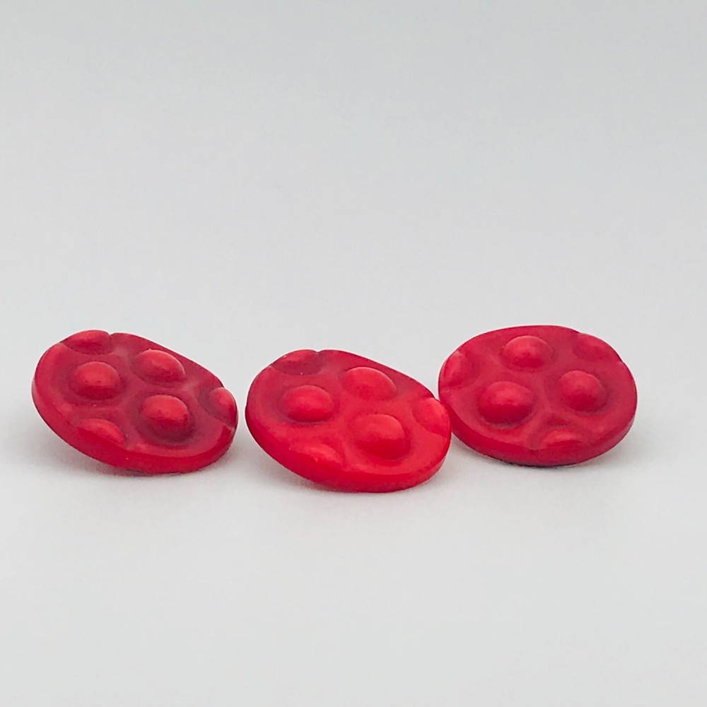3 Red Bumpy Round Buttons Plastic Shank Matching Set Weird Texture Vintage 3/4"