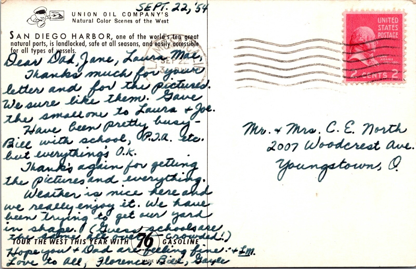 San Diego Harbor Union Oil Advertising California 1954 Vintage Postcard CA