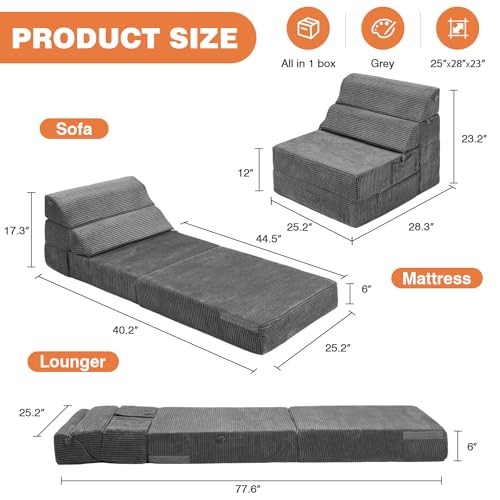 Comfy Folding Sofa Bed - Convertible Sleeper Sofa Fold Out Single Dark Grey