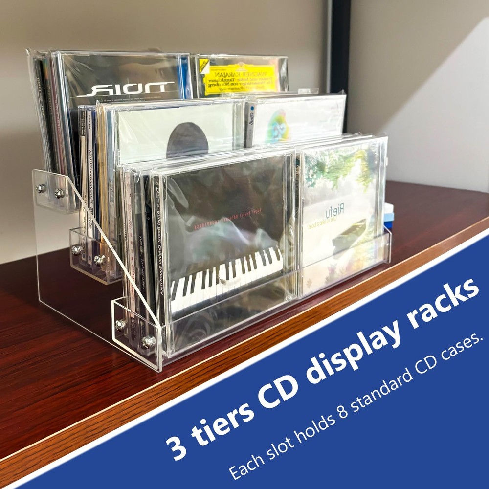 3Tier Clear Acrylic CD Holder Cascading CD Storage Rack,DVD/CD Display Rack &...