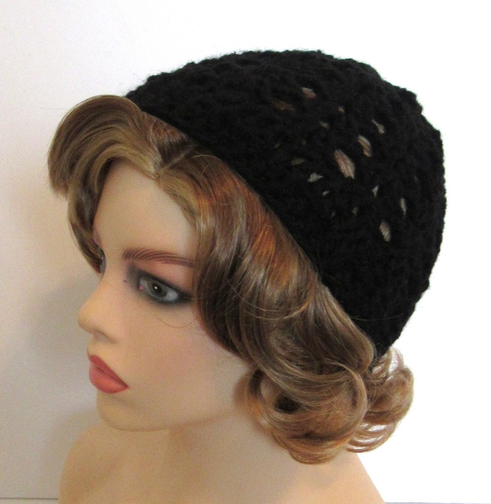 BOHO BEANIE HAT CAP SOLID BLACK OPEN WEAVE MESH HANDMADE CROCHET WITH FLOWER