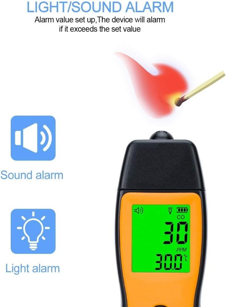 Handheld Carbon Monoxide Meter, Portable Orange + Black