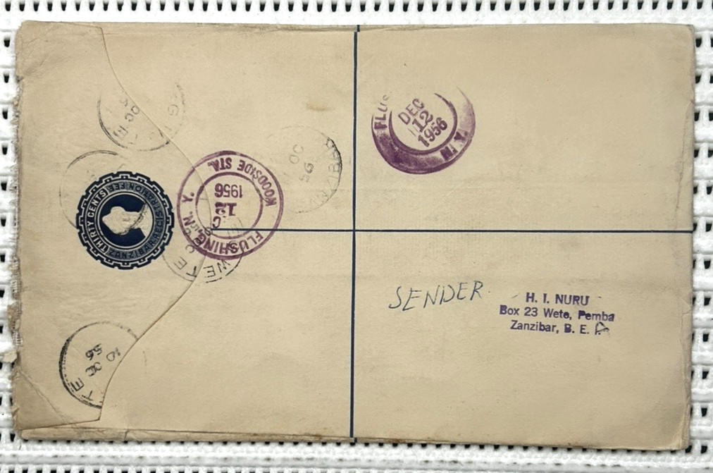 1956 Registered Sea Mail Postal Stationary Letter Zanzibar to New York City
