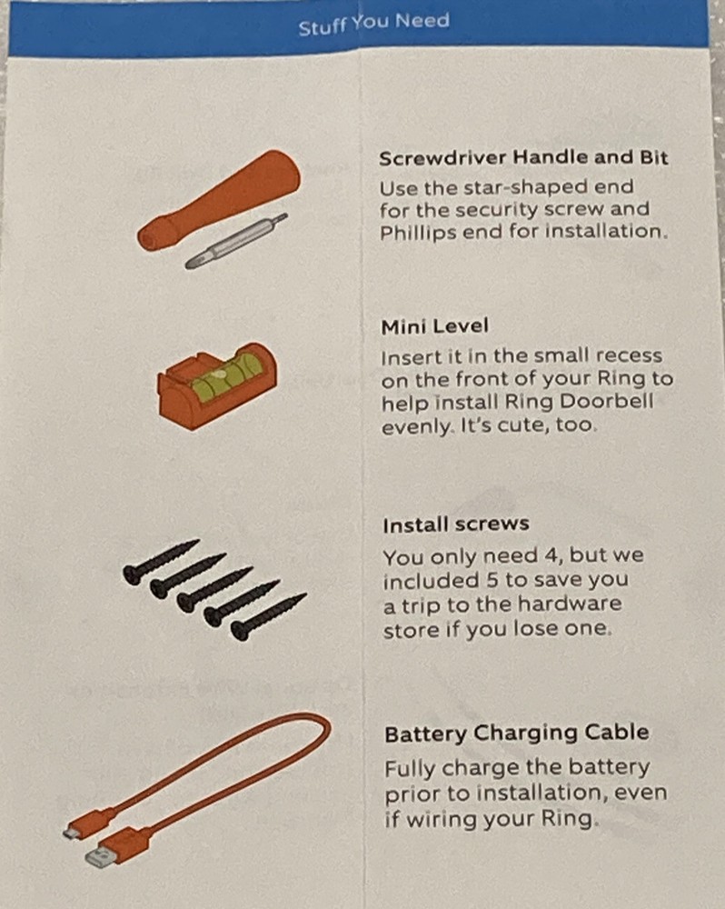 Ring Video Doorbell 2 Kit, (Torx Screwdriver, Charger Cable, Drill Bit, Diode)