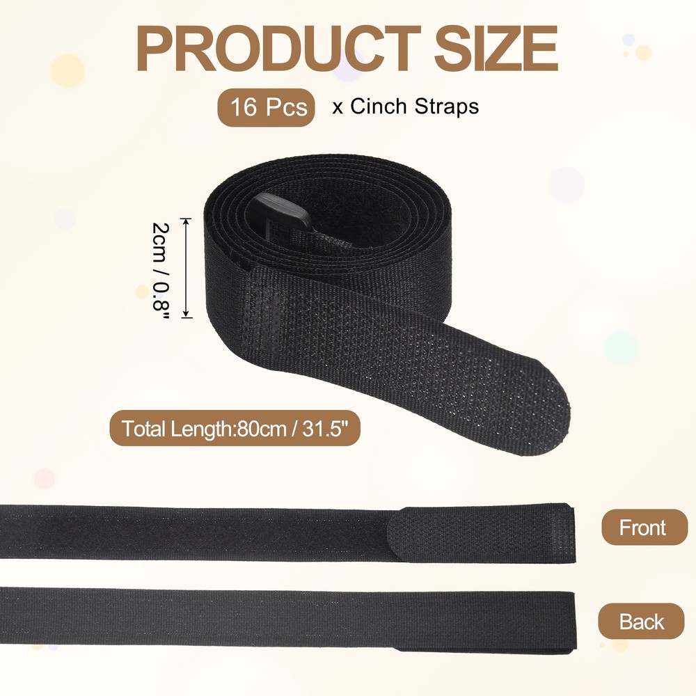 16pcs Reusable Cinch Straps 0.8"x31.5" Hook and Loop Cable Securing Strap, Black
