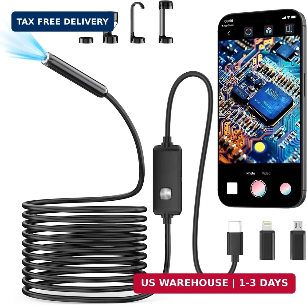 Endoscope Camera with Light,1920P HD Borescope with 8 Adjustable LED Lights, End