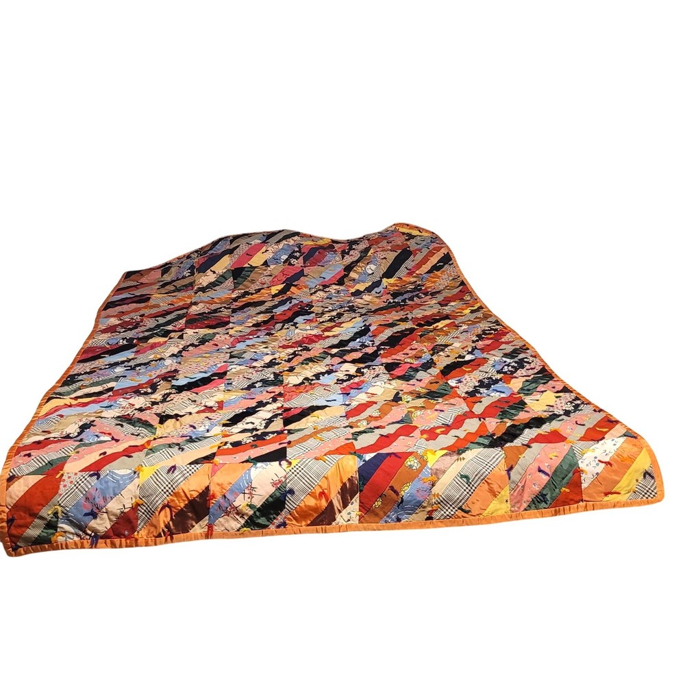 Crazy Quilt Silk Patchwork With Orange Backing Hand Stitched Patchwork Vintage