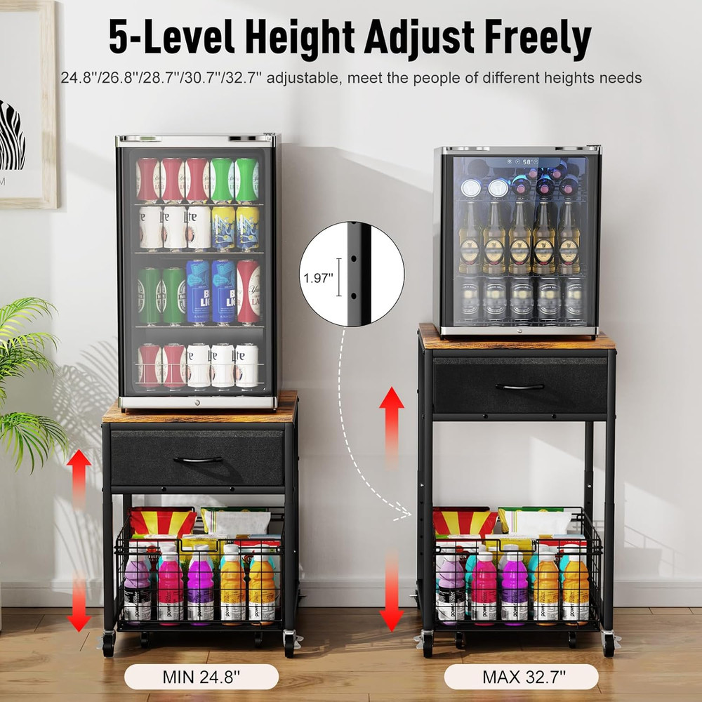 Mobile Mini Fridge Stand with Storage, Height-Adjustable Mini Beverage Fridge Ta